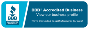Omaha Home, Kitchen, Bathroom and Basement Remodeling - A rectangular banner with a blue background displaying the BBB Accredited Business logo on the left. The right side reads "BBB® Accredited Business," "View our business profile," and "We're Committed to BBB Standards for Trust" in white text.