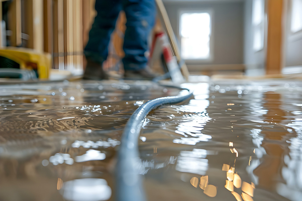 Omaha Home, Kitchen, Bathroom and Basement Remodeling - A flooded indoor area with a focus on a murky water surface, reflecting light, and a blurred background showcasing a person in boots walking and a water suction hose on the floor.