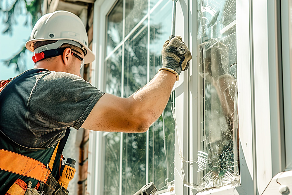 Omaha Home, Kitchen, Bathroom and Basement Remodeling - A construction worker in a helmet and gloves installs a new window in a sunlit building, with tools attached to his belt.