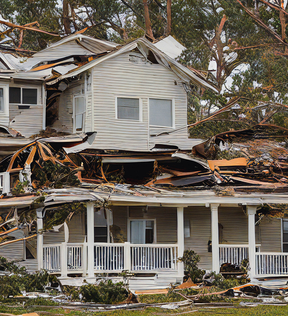 Omaha Home, Kitchen, Bathroom and Basement Remodeling - A devastated white house with a collapsed roof and scattered debris, surrounded by fallen trees, showing severe damage likely caused by a powerful storm.