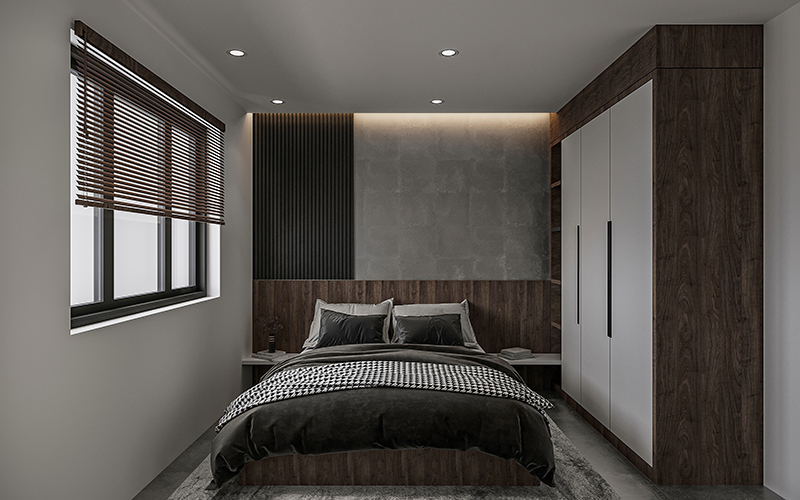 Omaha Home additions, Kitchen, Bathroom and Basement Remodeling - A modern bedroom with a minimalist design. The room features a large bed against a textured accent wall, two nightstands, a tall wardrobe with wooden and white panel doors, and a window with wooden blinds. The color palette is predominantly grey and dark wood tones.